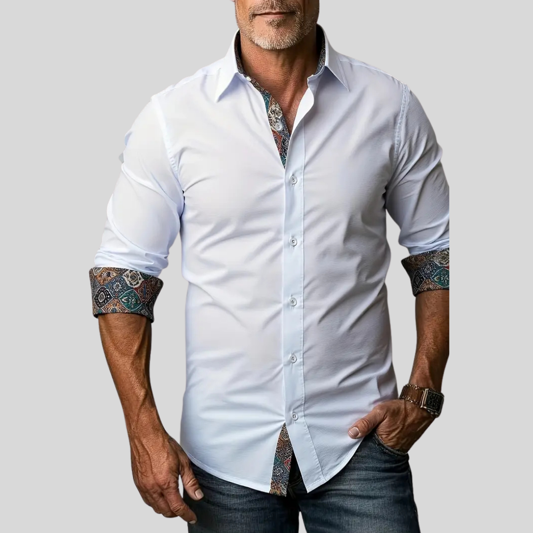 Button Up Shirt Mens Long Sleeve Tailored Fit with Contrast Collar and Cuffs
