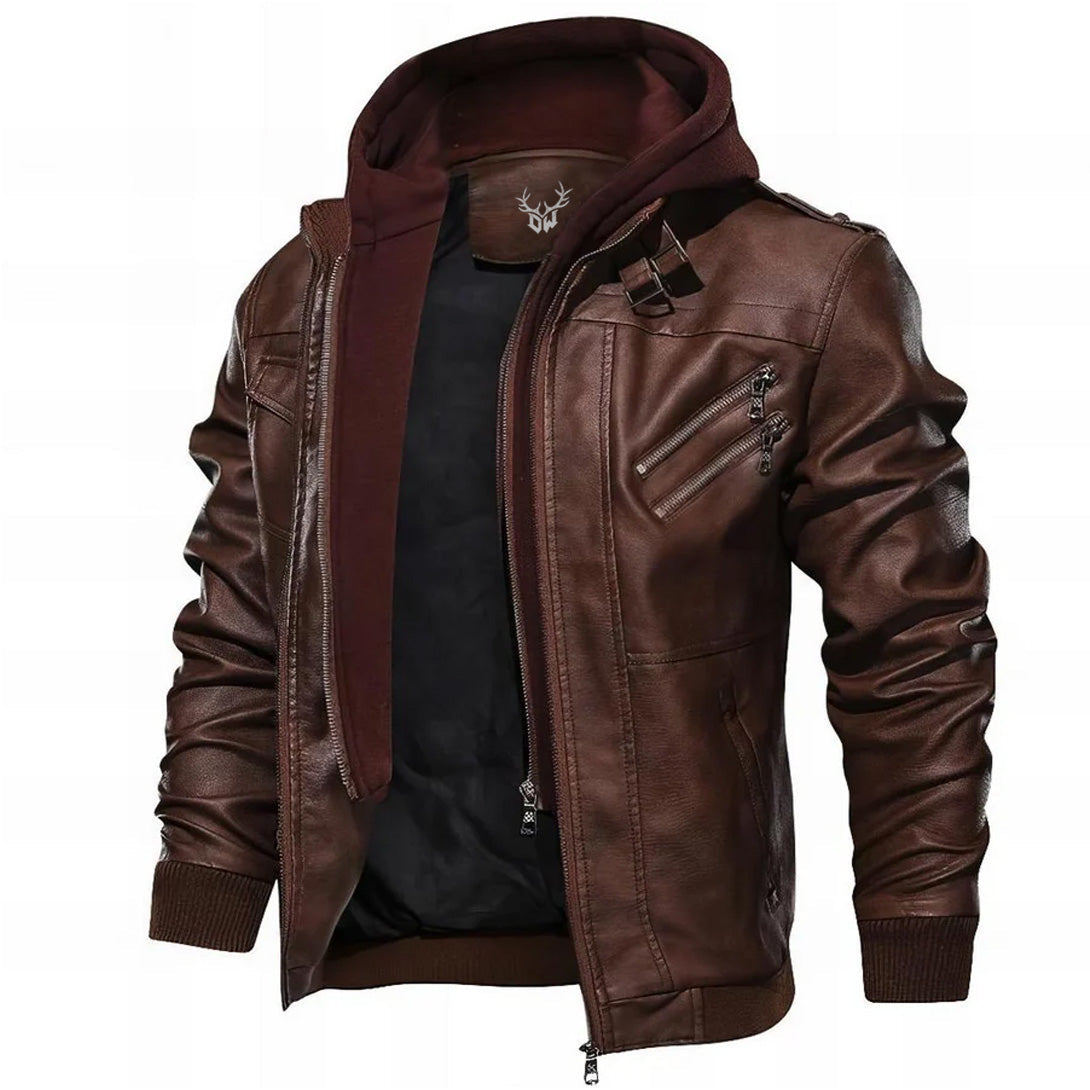 Men's Vegan Leather Jacket with Removable Hood