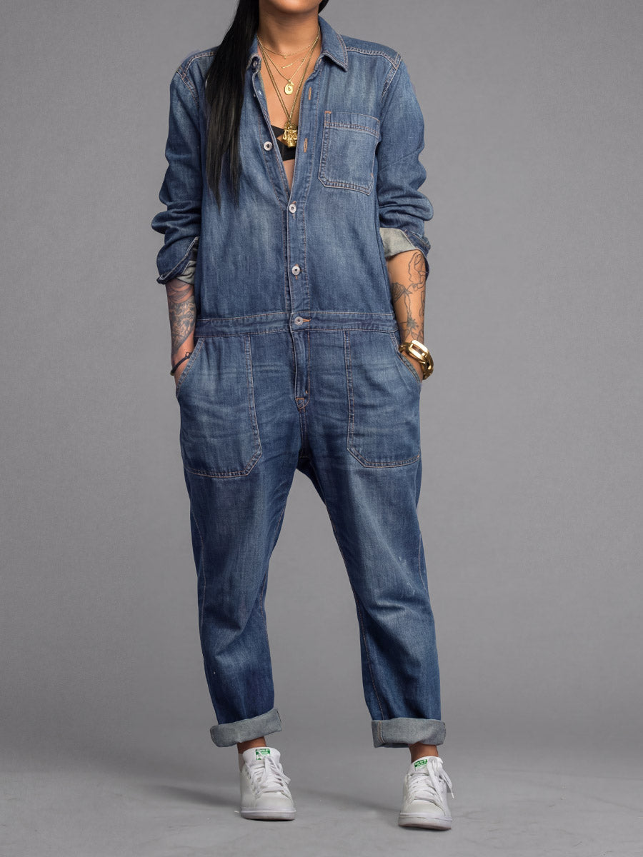 Women's Relaxed Denim Coverall Jumpsuit in Medium Blue