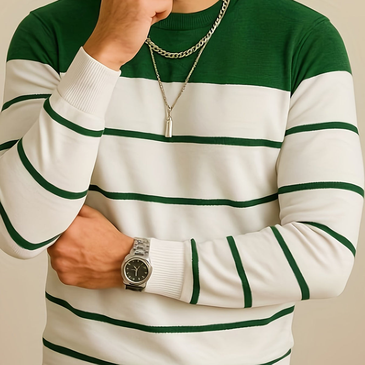 Knit Sweater Mens Striped Crew Neck Pullover Soft Classic Winter