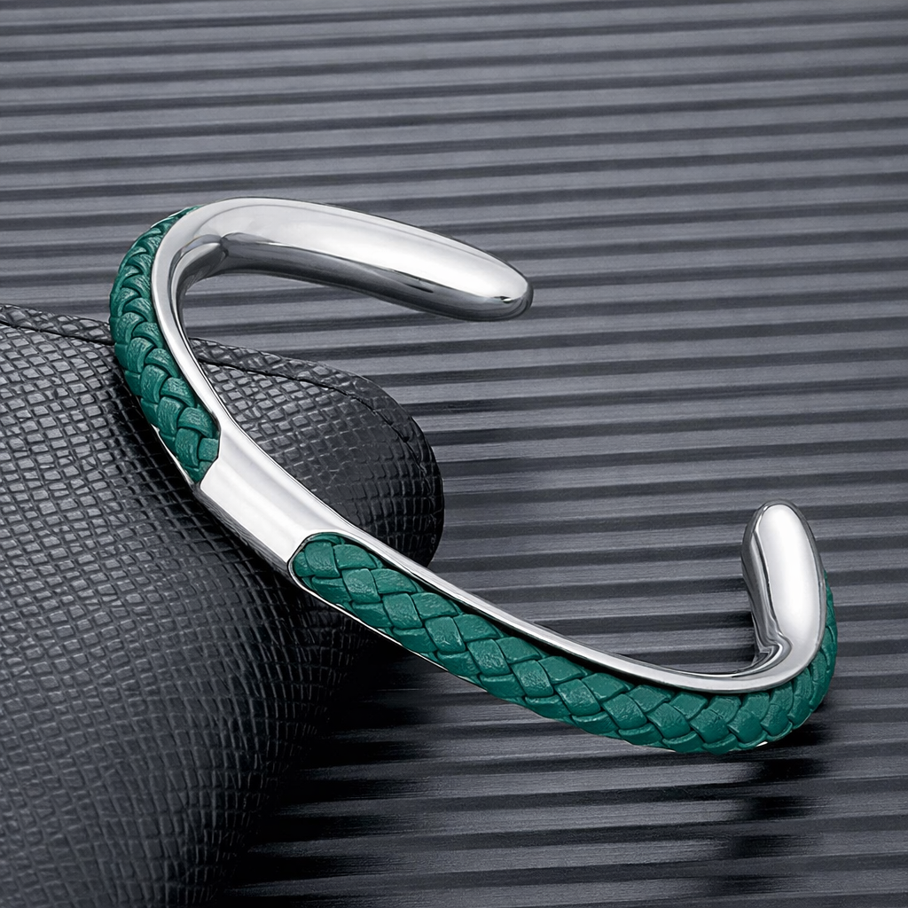 Cuff Bracelet Mens Braided Leather Stainless Steel
