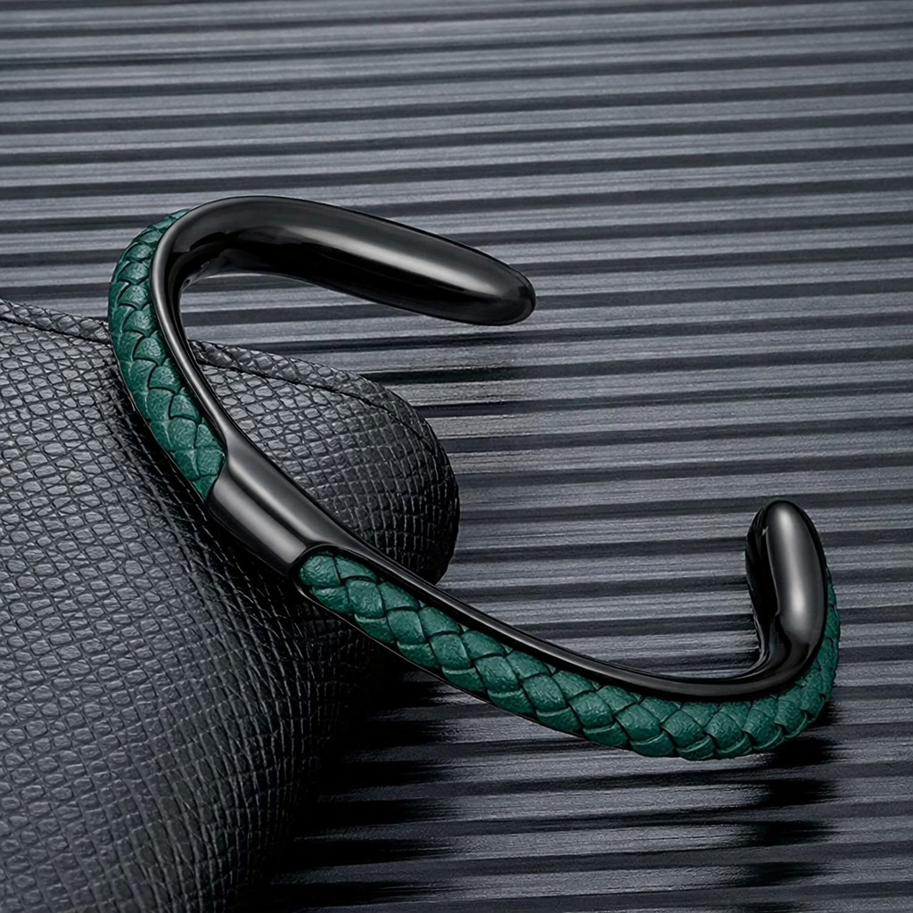 Cuff Bracelet Mens Braided Leather Stainless Steel