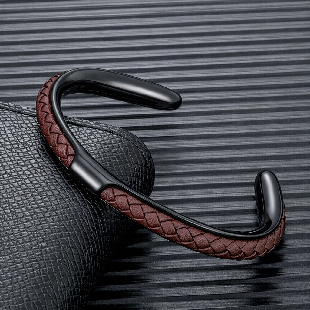 Cuff Bracelet Mens Braided Leather Stainless Steel