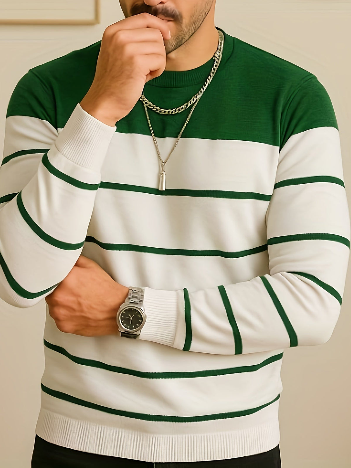 Knit Sweater Mens Striped Crew Neck Pullover Soft Classic Winter