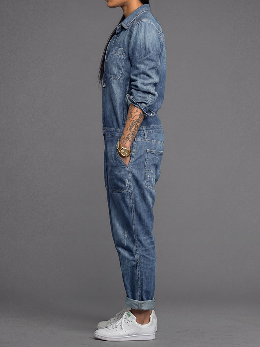 Women's Relaxed Denim Coverall Jumpsuit