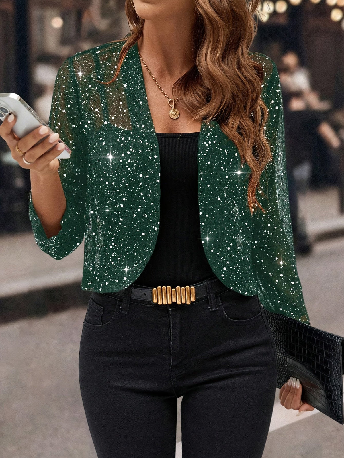 Cropped Jacket Womens Open Front Shimmer with 3/4 Sleeves