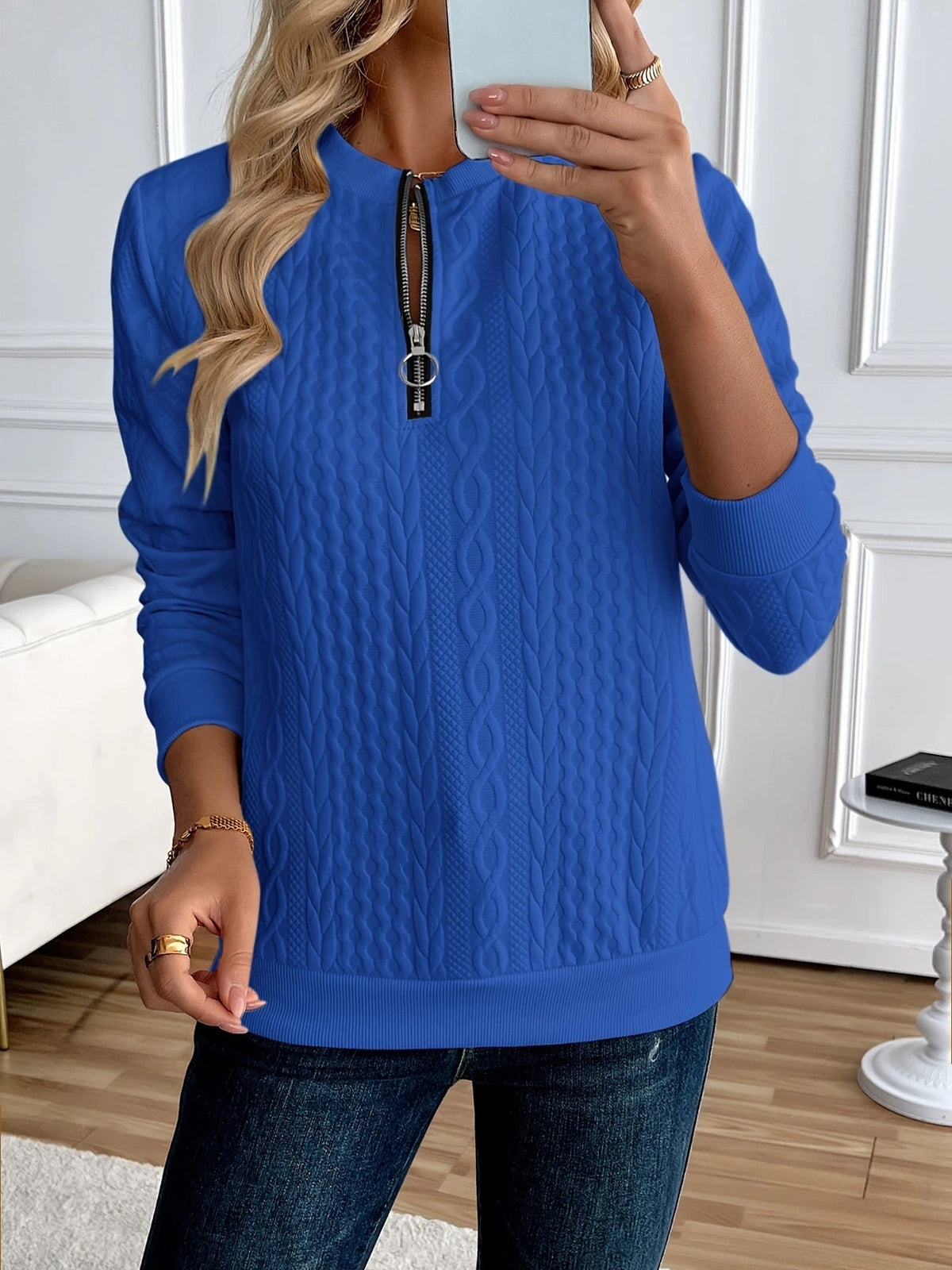 Women's Textured Quarter-Zip Sweatshirt in Blue