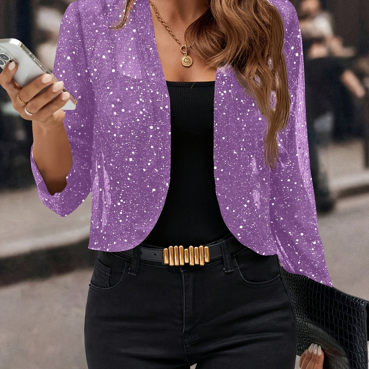 Cropped Jacket Womens Open Front Shimmer with 3/4 Sleeves