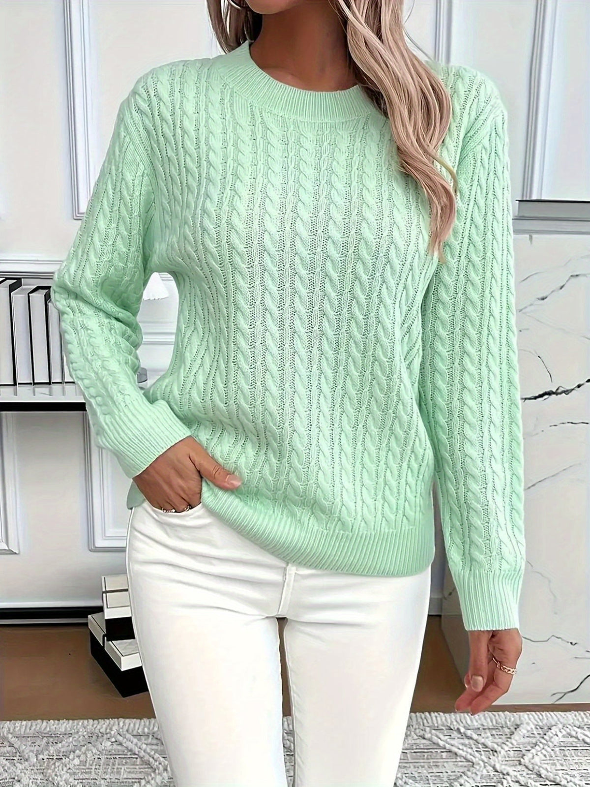 Cozy Cable Knit Crew Neck Sweater in Light Green