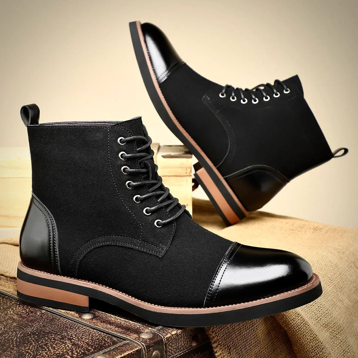 Men's Cap-Toe Oxford Lace-Up Boots in Black