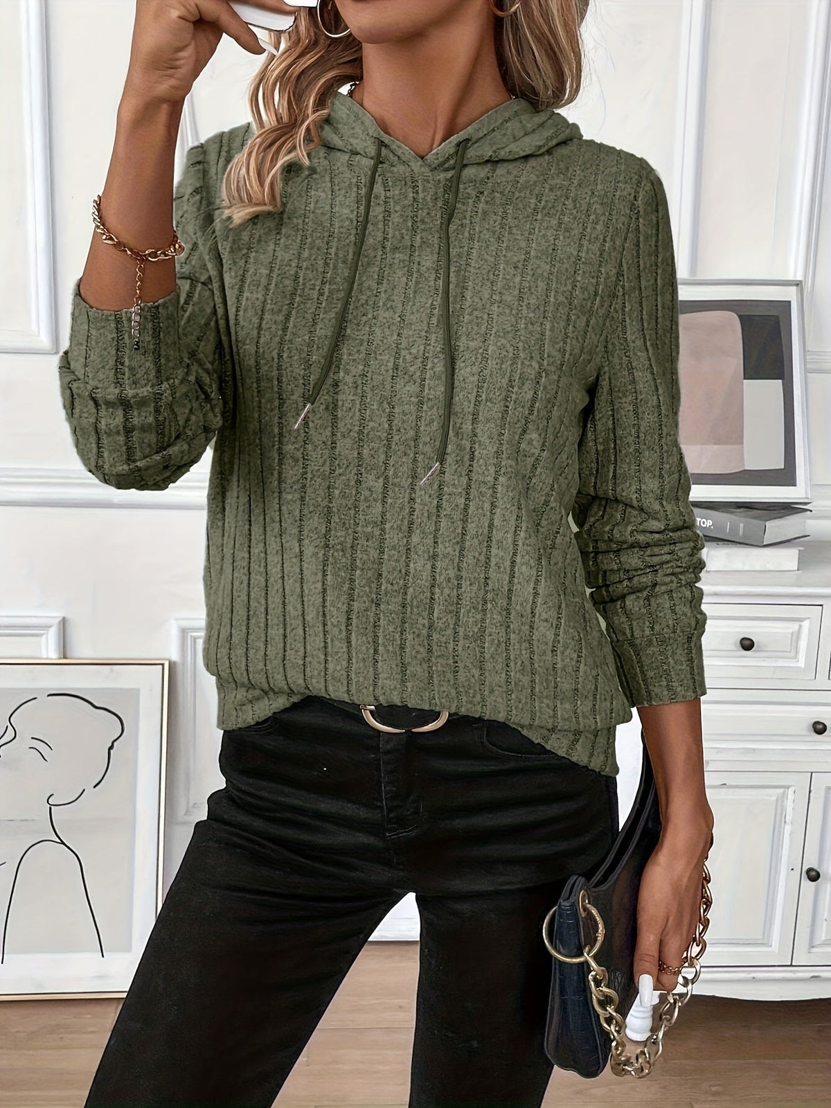 Hoodie Womens Textured Knit Pullover Soft Cozy Relaxed Everyday