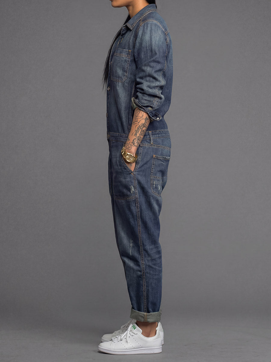 Women's Relaxed Denim Coverall Jumpsuit