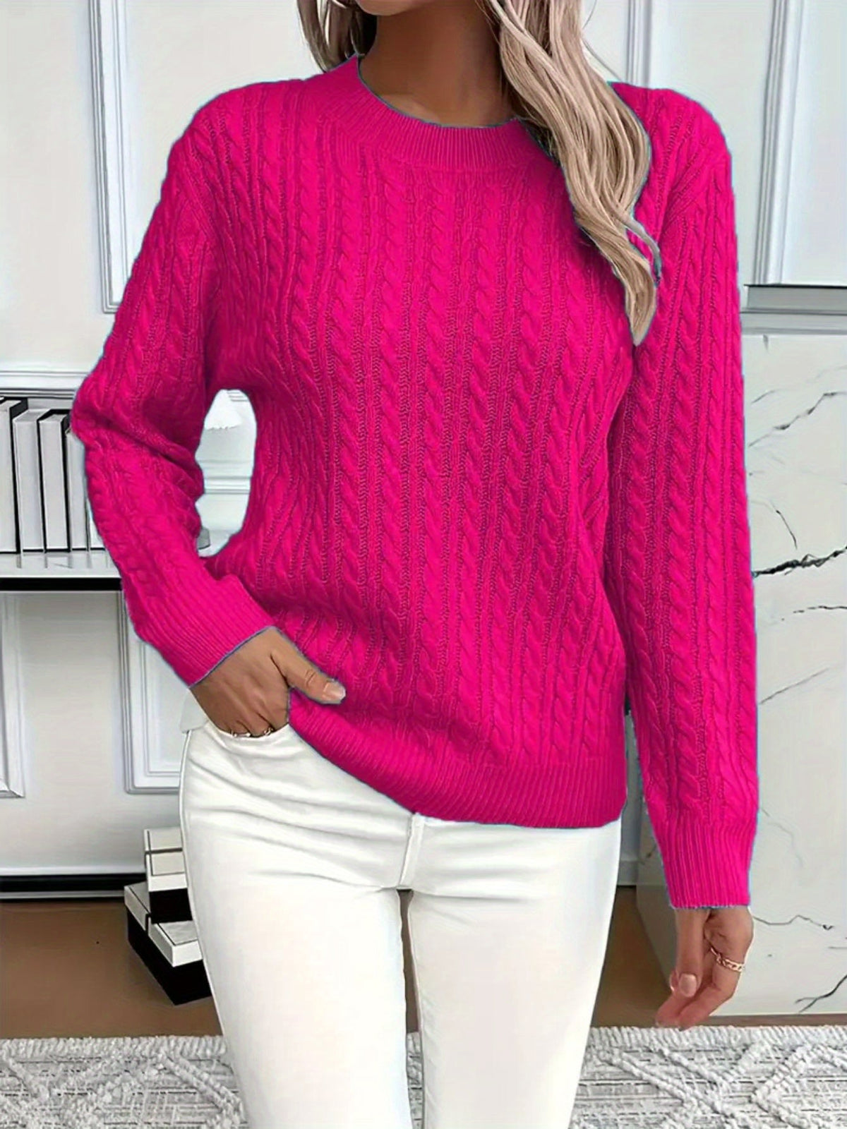 Cozy Cable Knit Crew Neck Sweater in Dark Pink