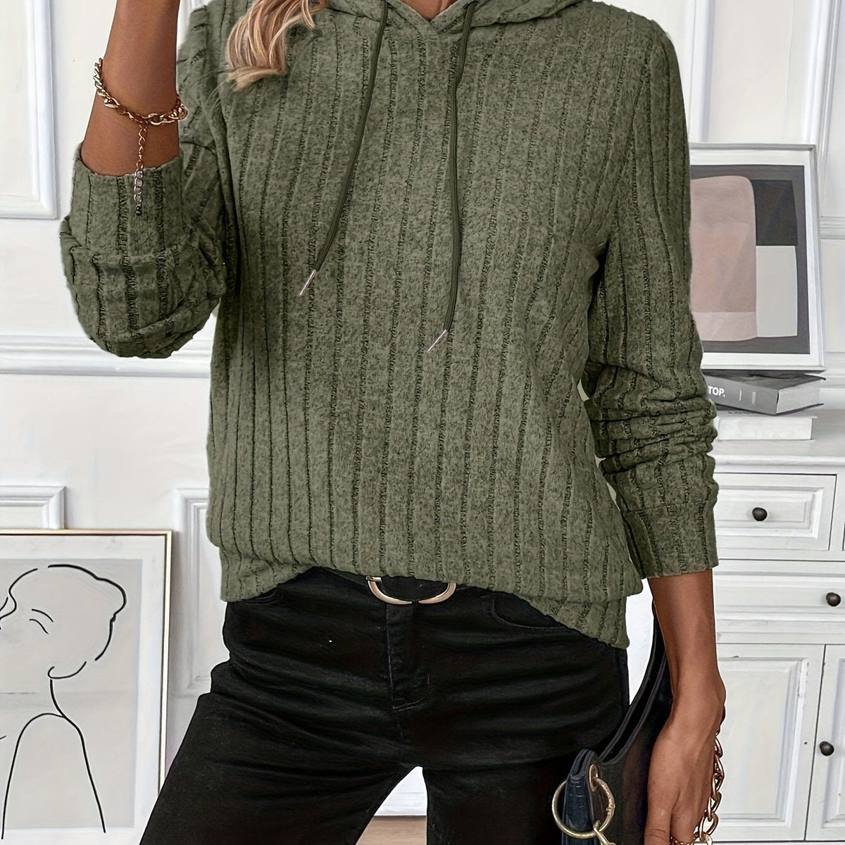 Hoodie Womens Textured Knit Pullover Soft Cozy Relaxed Everyday