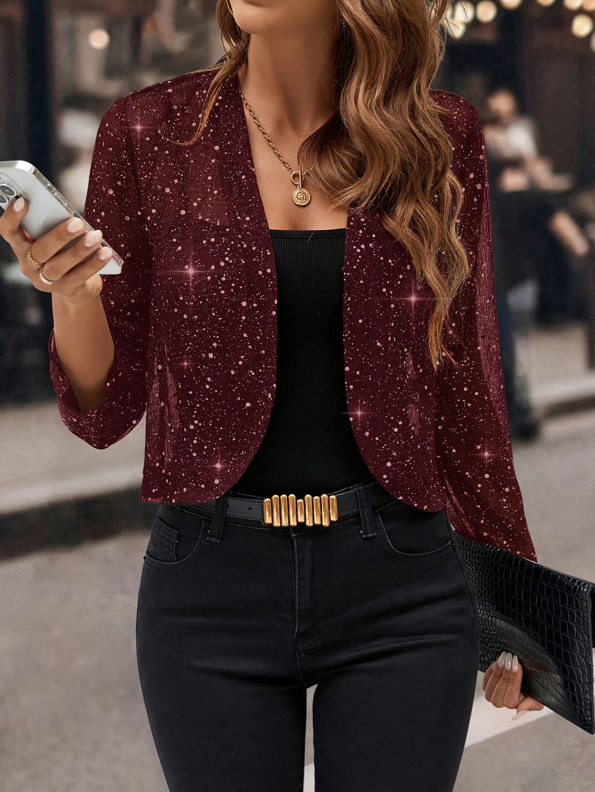 Cropped Jacket Womens Open Front Shimmer with 3/4 Sleeves