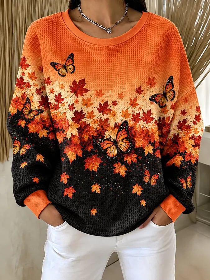 Maple Leaf & Butterfly Print Waffle Sweatshirt in Maple Black
