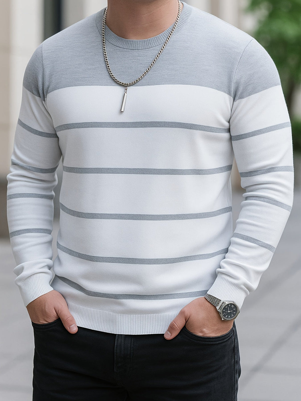 Knit Sweater Mens Striped Crew Neck Pullover Soft Classic Winter