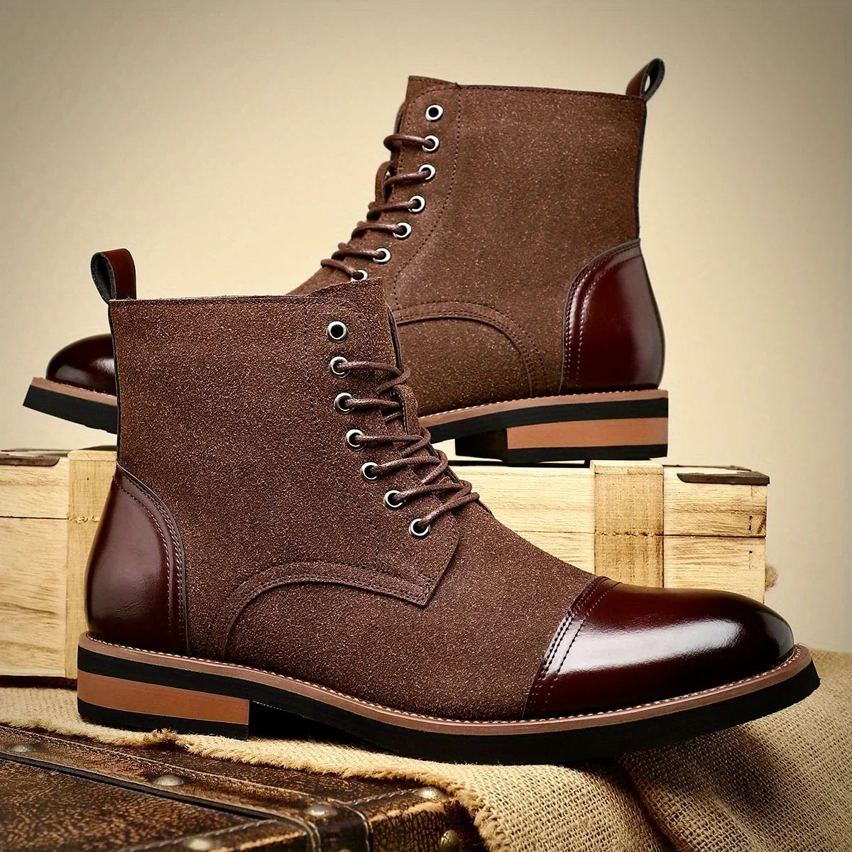 Men's Cap-Toe Oxford Lace-Up Boots in Brown