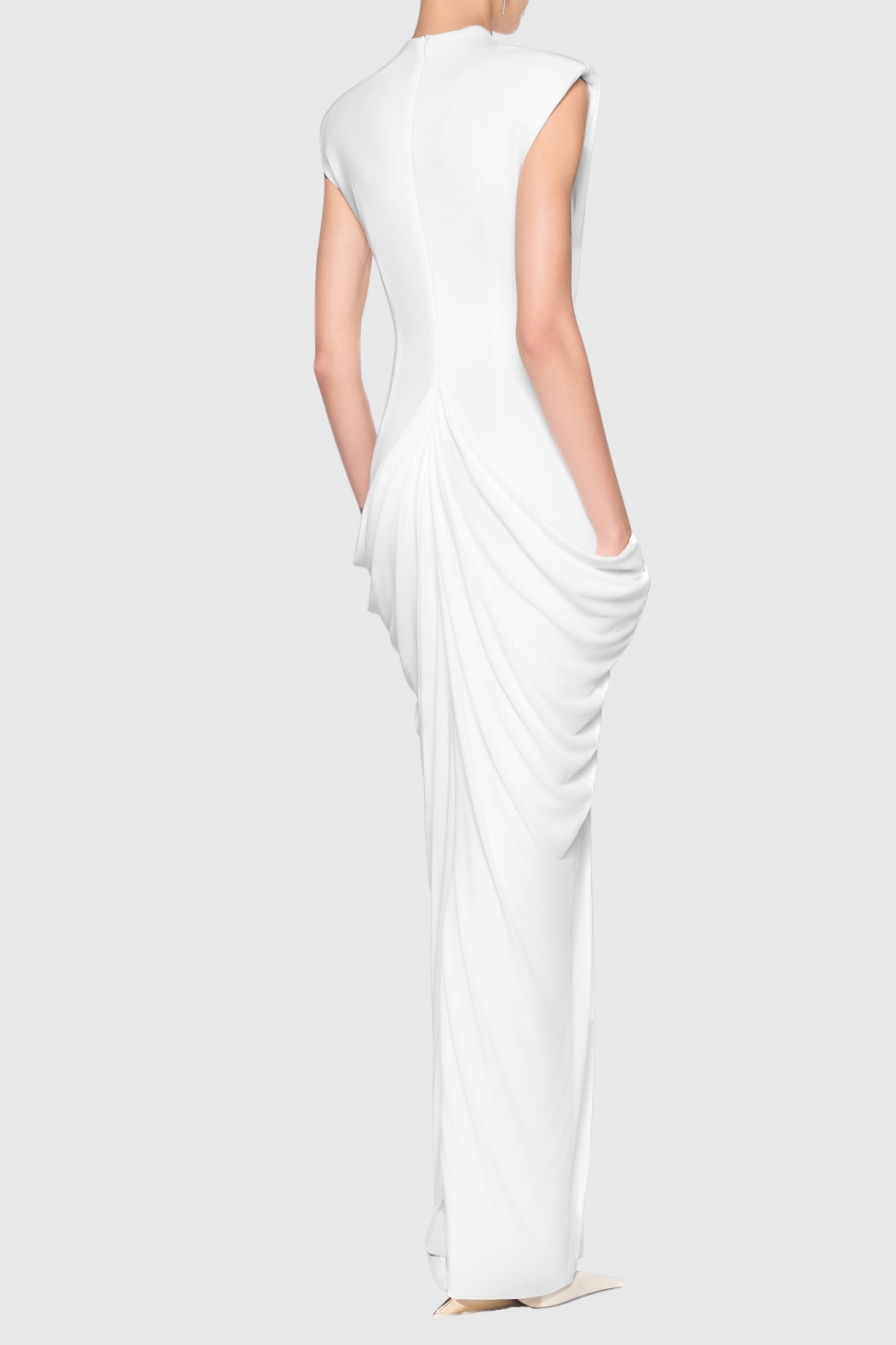 Ruched Metallic Sleeveless Maxi Dress, White