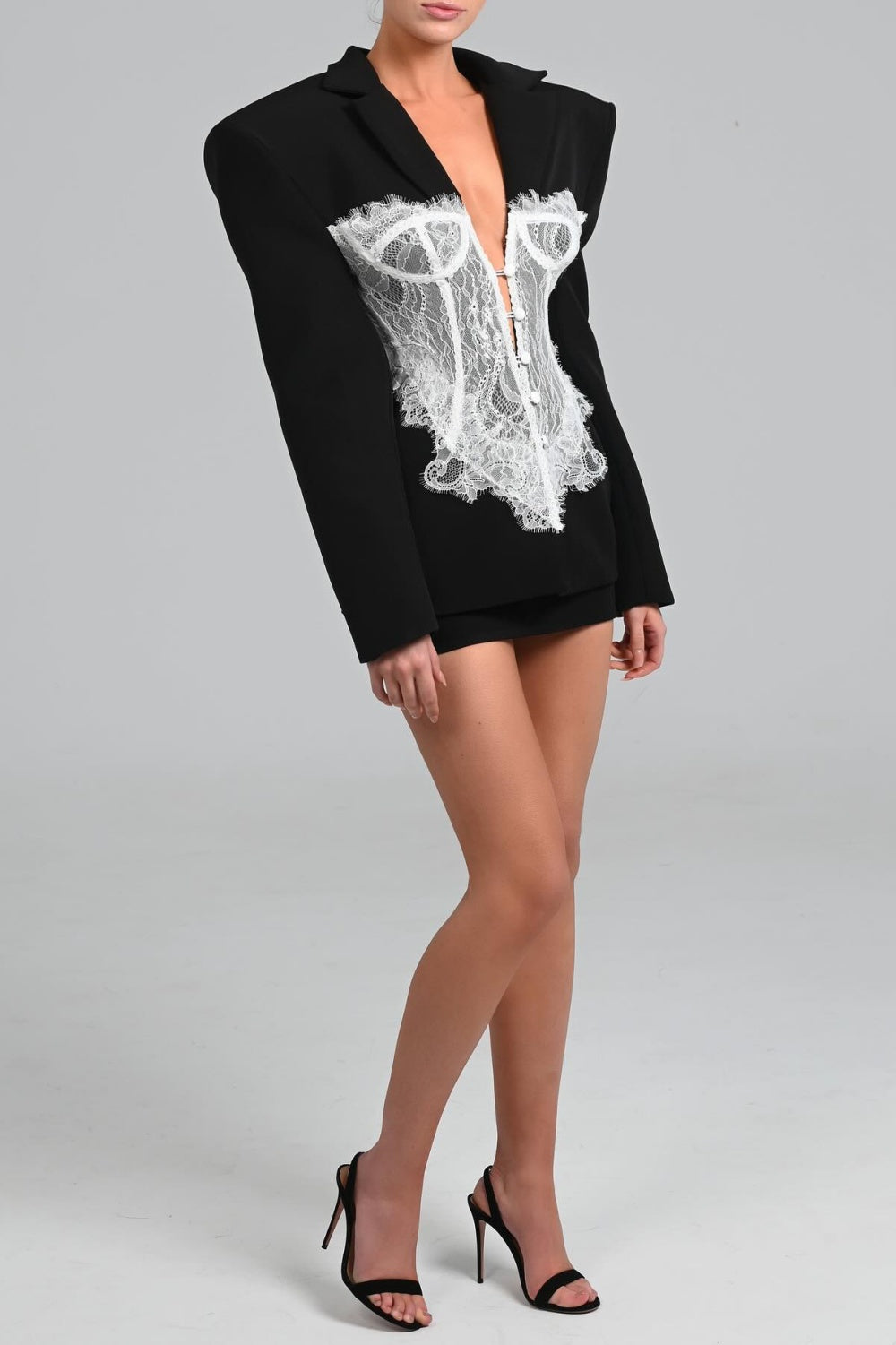 Lace Corset Blazer Dress, Black