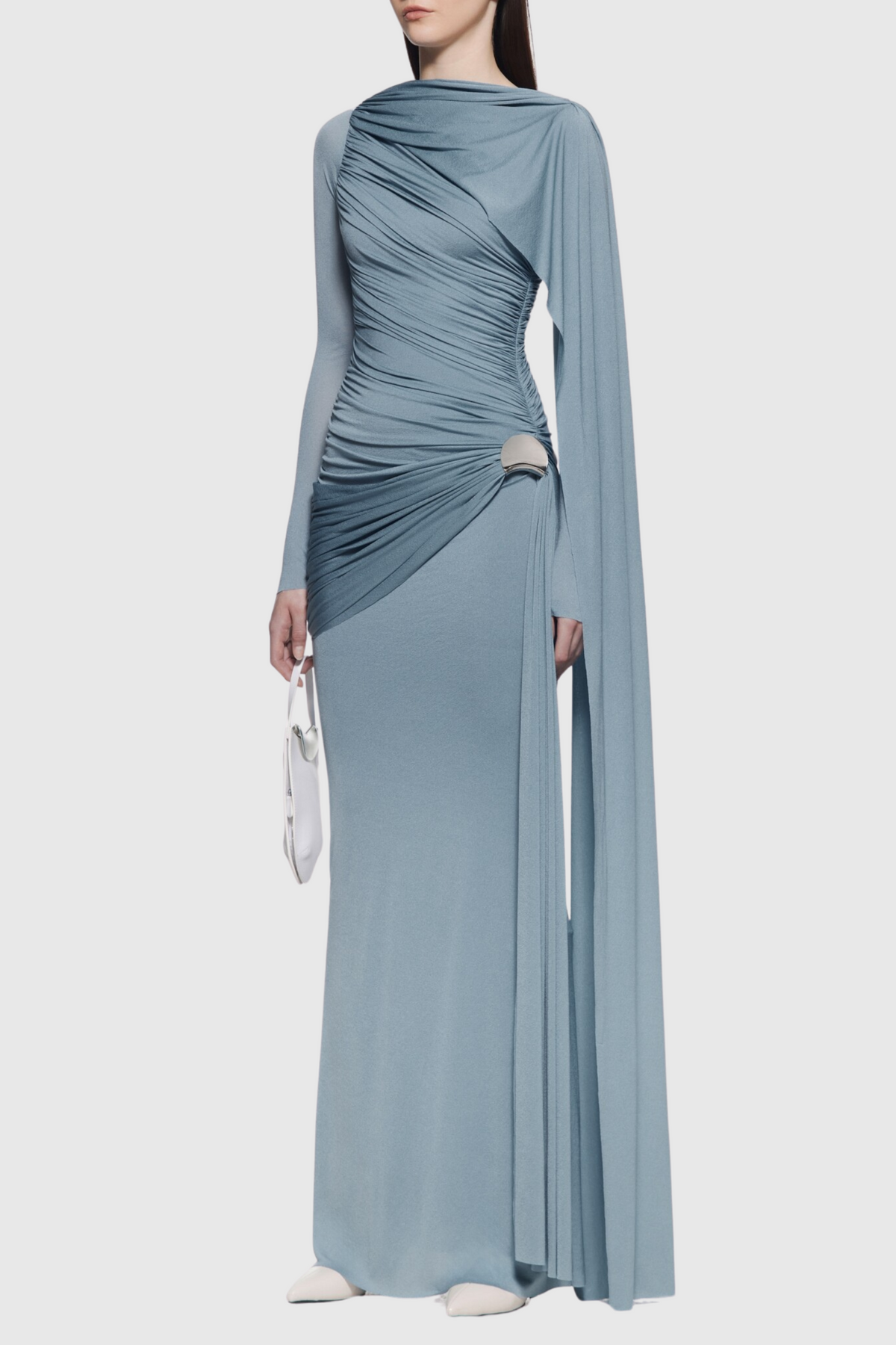 Asymmetric Ruched Long Sleeve Maxi Dress, Blue