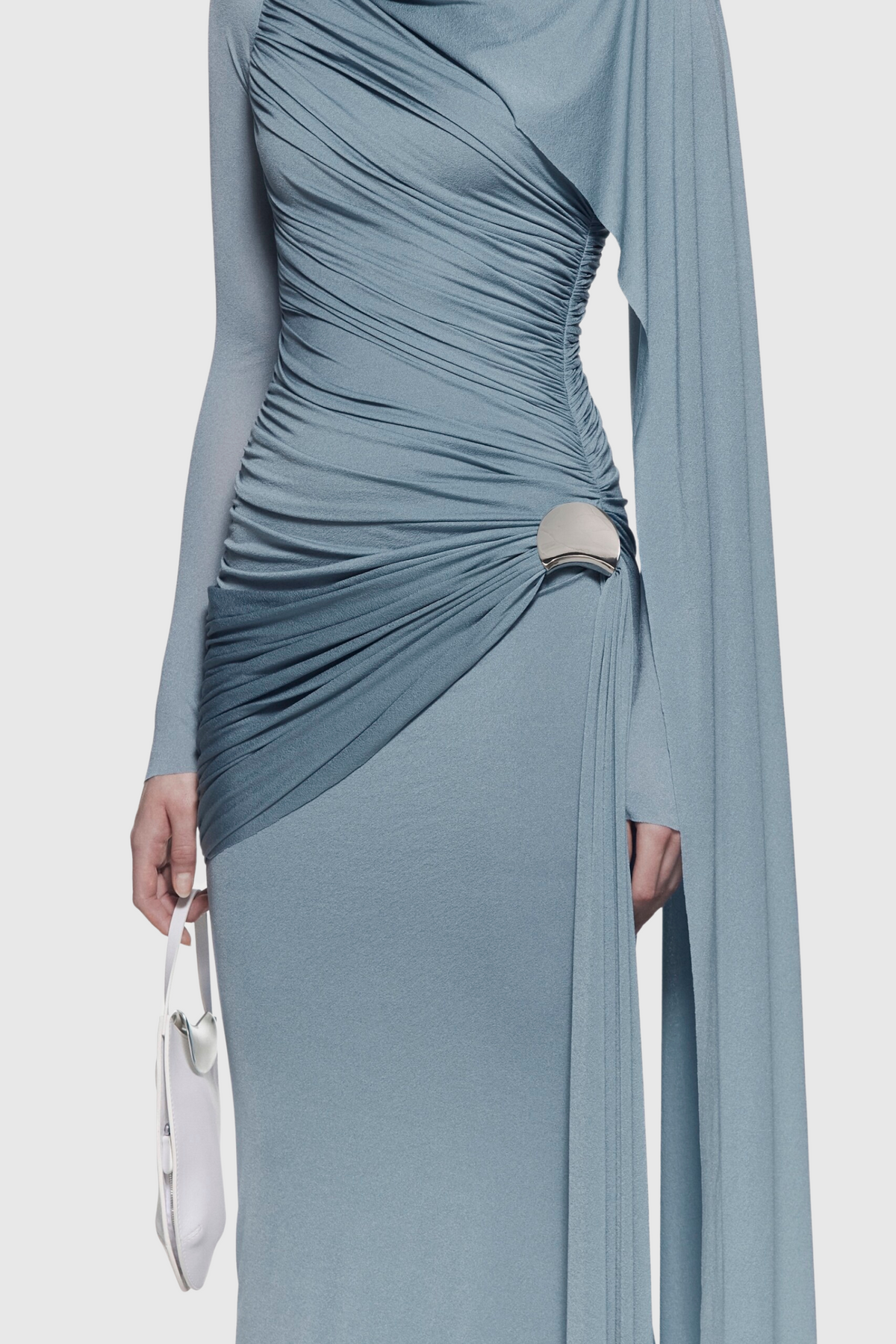 Asymmetric Ruched Long Sleeve Maxi Dress, Blue