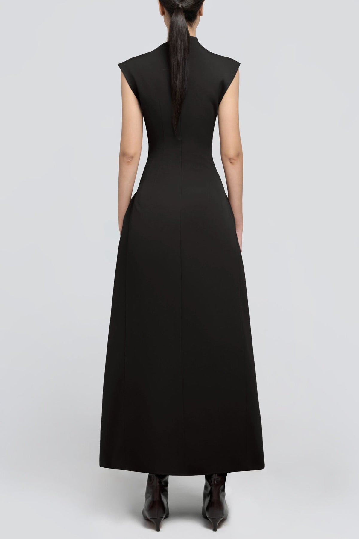 Draped Flared Midi Dress, Black