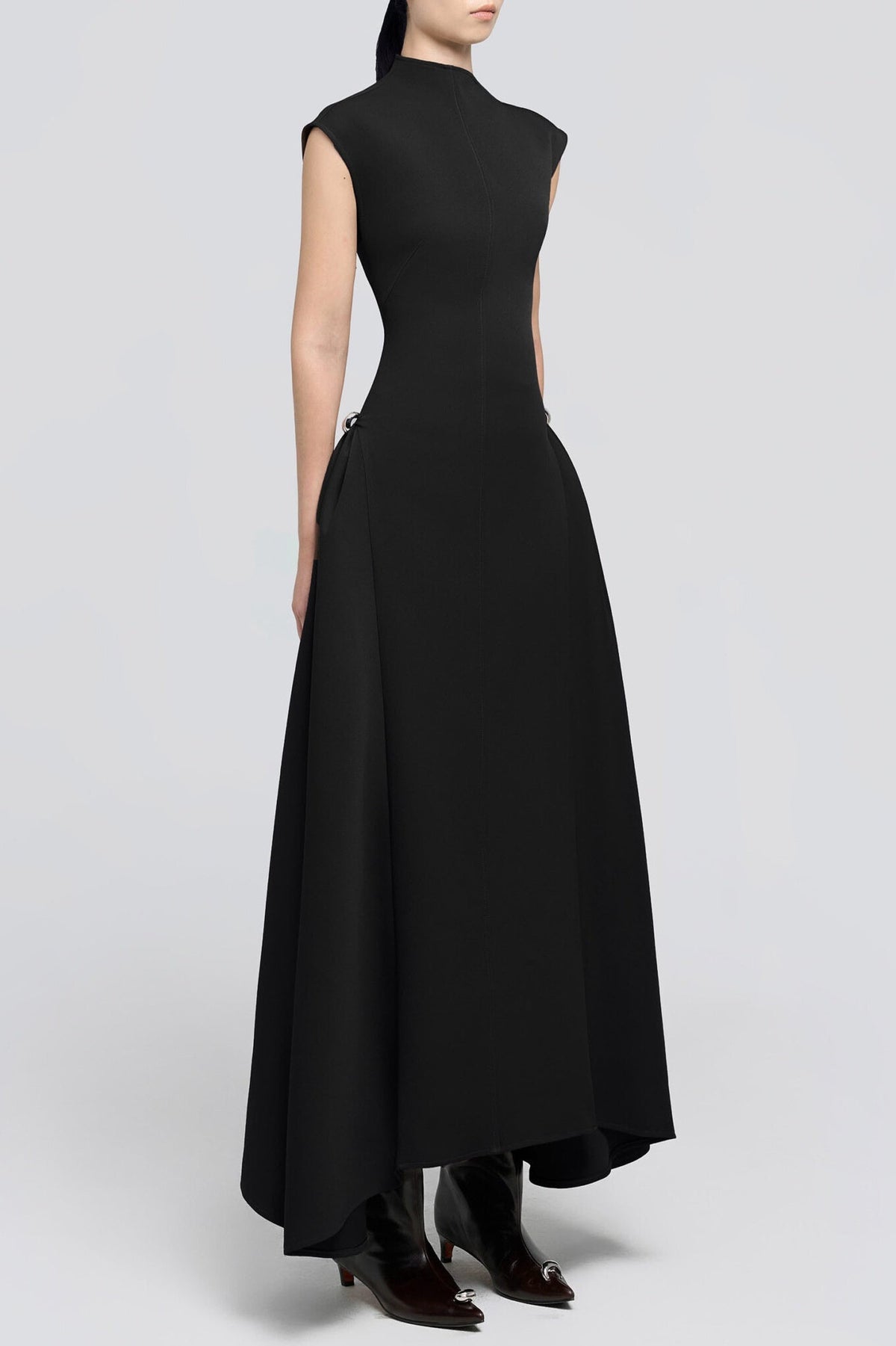 Draped Flared Midi Dress, Black