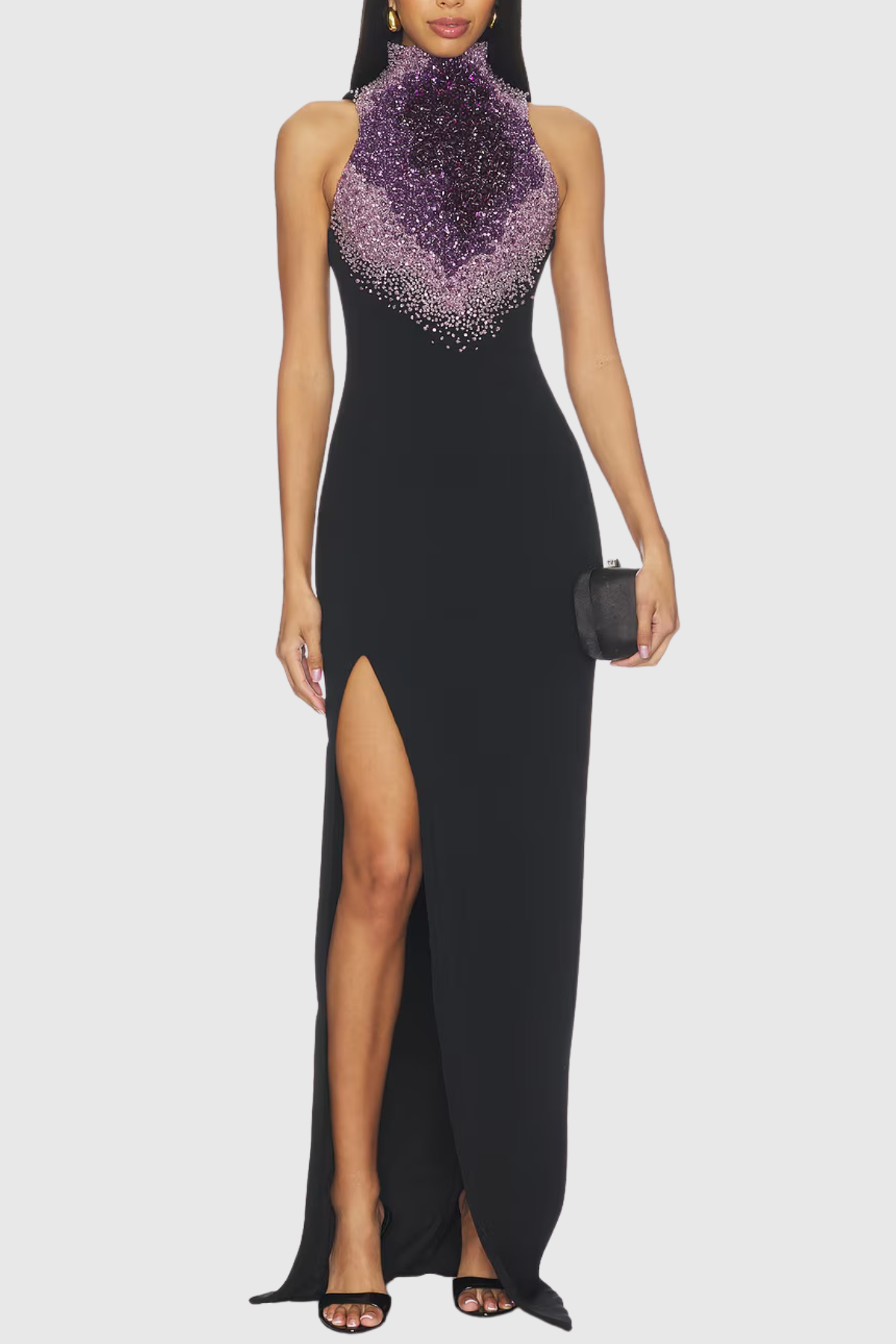 Crystal Halter Split Maxi Dress, Black