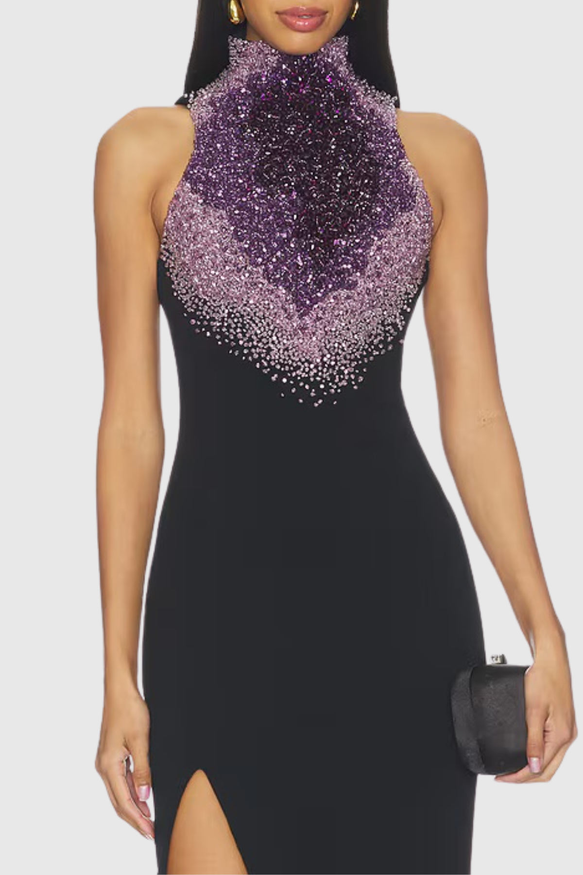 Crystal Halter Split Maxi Dress, Black