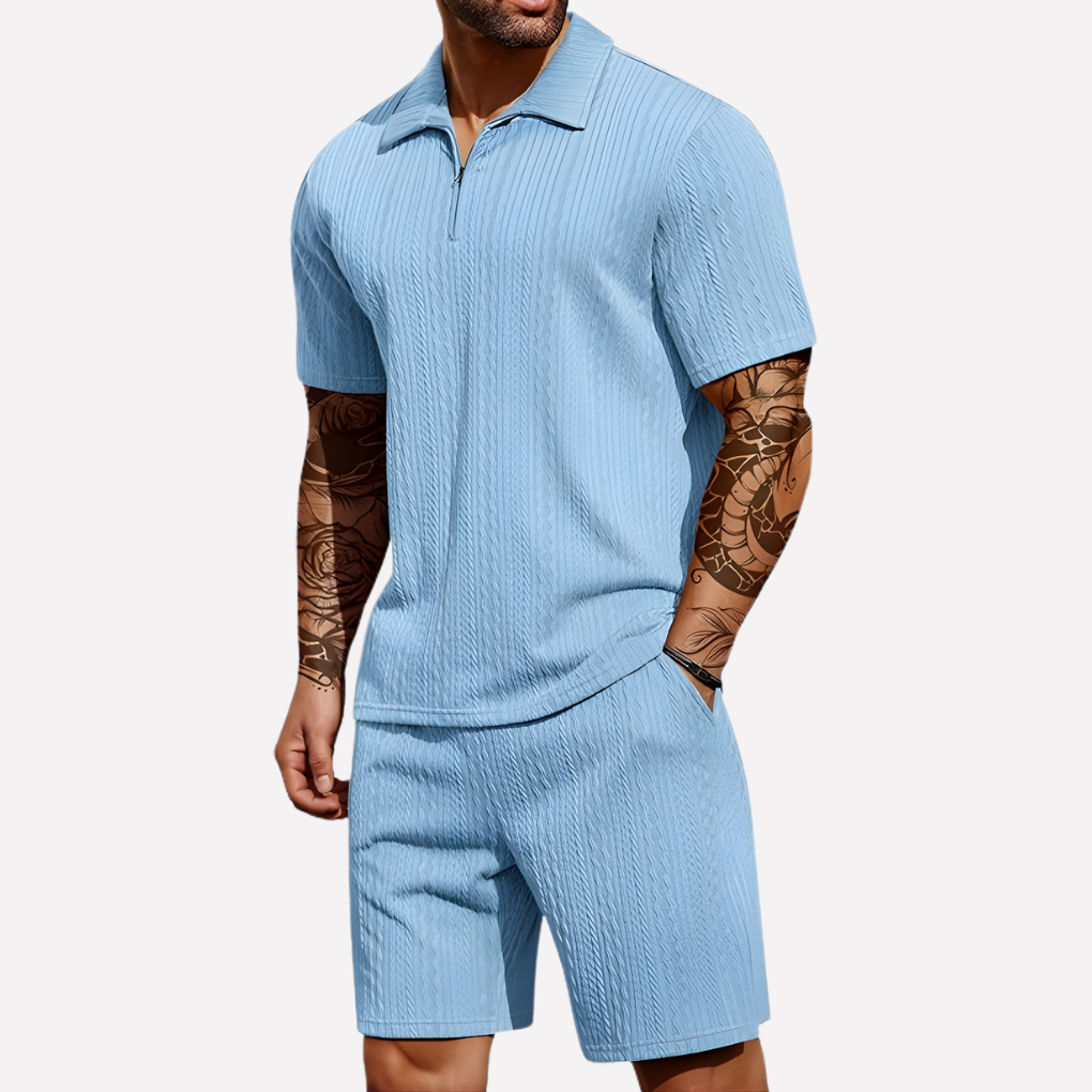 Men's Textured Zip Neck Short Sleeve Shorts Set