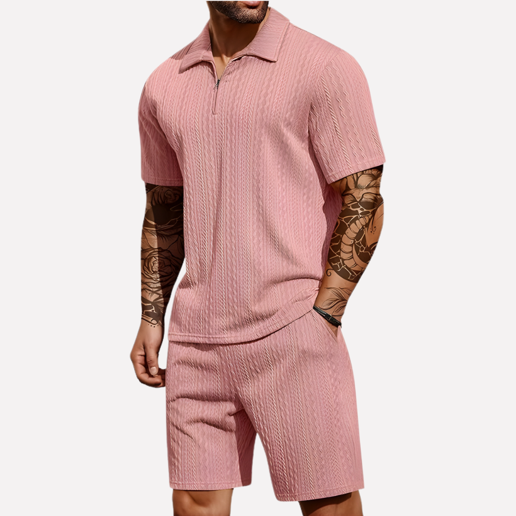 Men's Textured Zip Neck Short Sleeve Shorts Set
