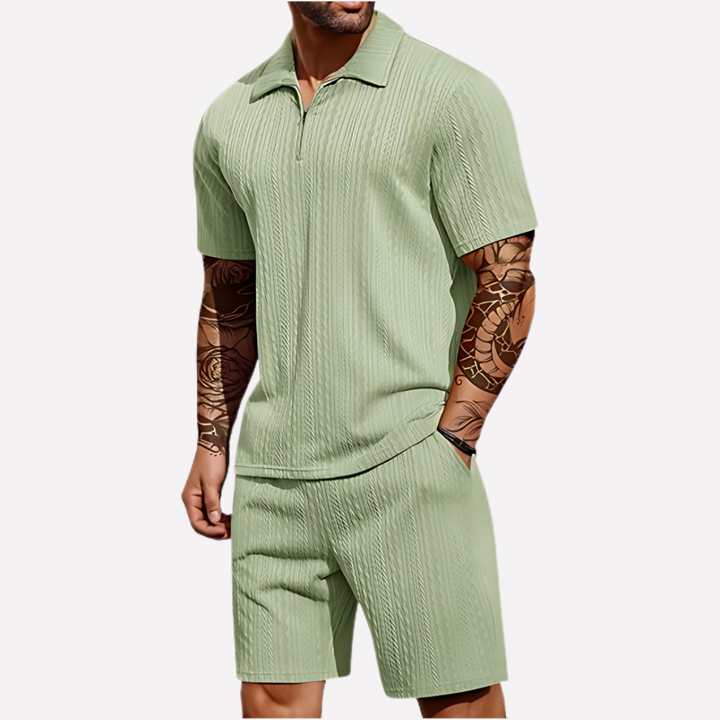 Men's Textured Zip Neck Short Sleeve Shorts Set