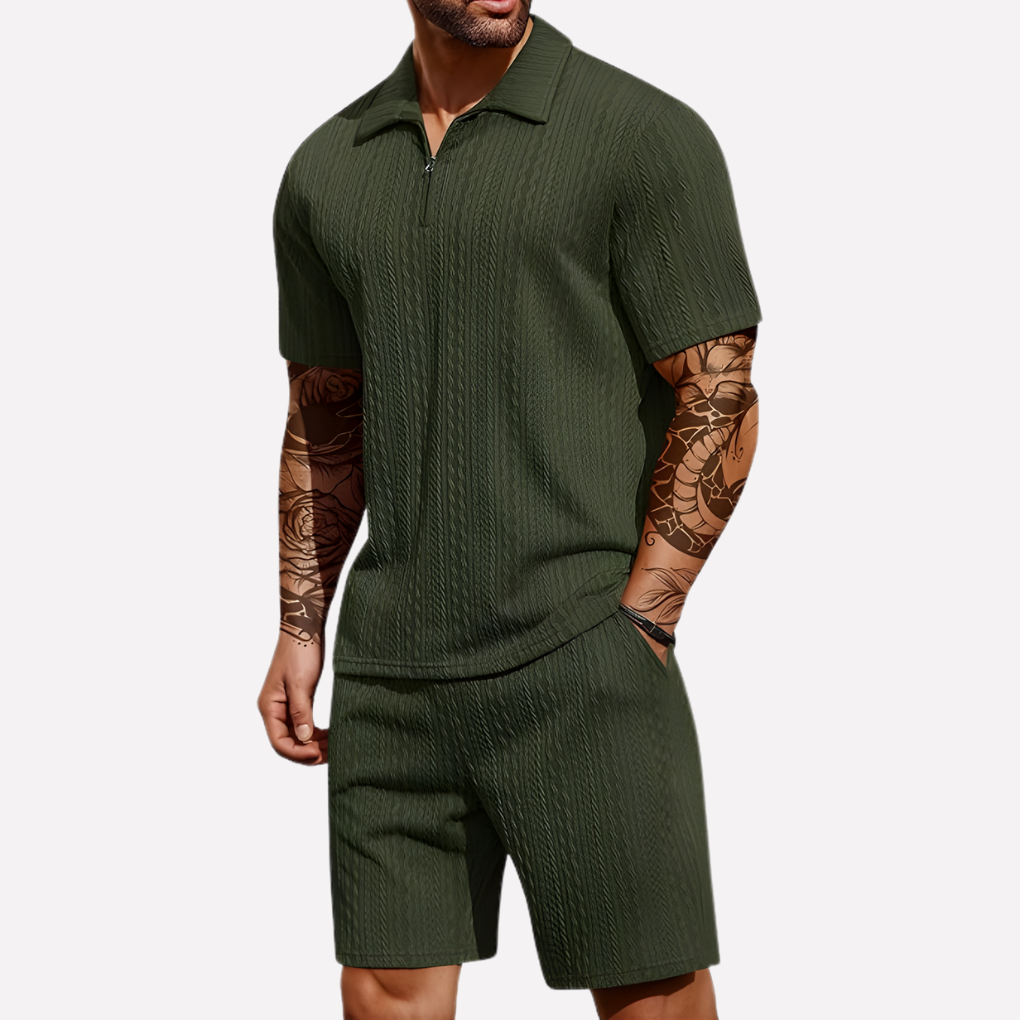 Men's Textured Zip Neck Short Sleeve Shorts Set