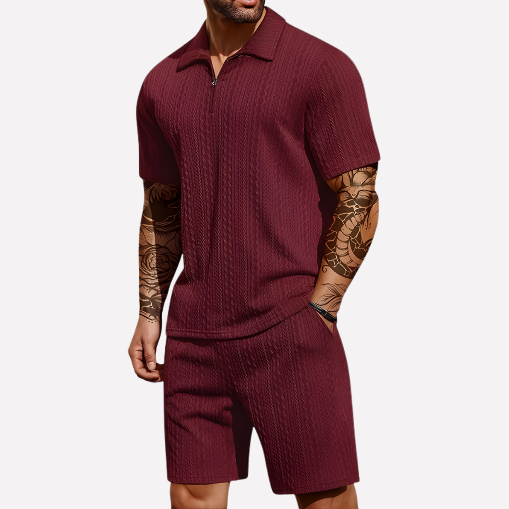 Men's Textured Zip Neck Short Sleeve Shorts Set