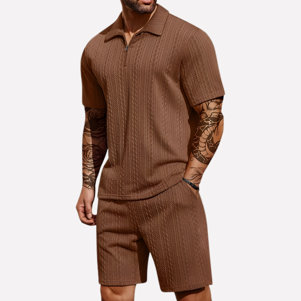 Men's Textured Zip Neck Short Sleeve Shorts Set