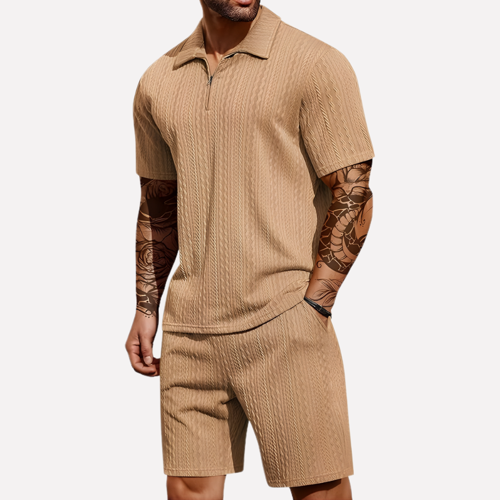 Men's Textured Zip Neck Short Sleeve Shorts Set