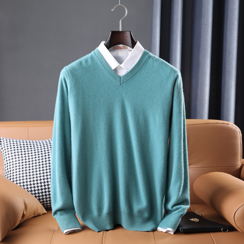 Wool Sweater Mens V Neck Midweight Ribbed Trim Knit