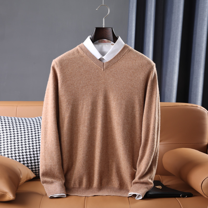 Wool Sweater Mens V Neck Midweight Ribbed Trim Knit