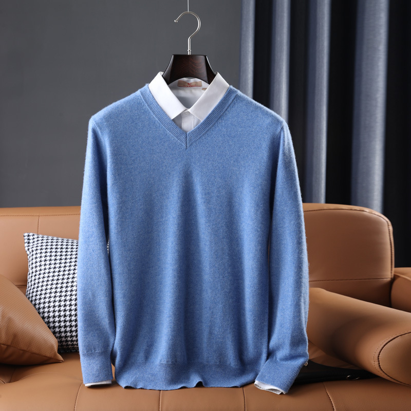 Wool Sweater Mens V Neck Midweight Ribbed Trim Knit