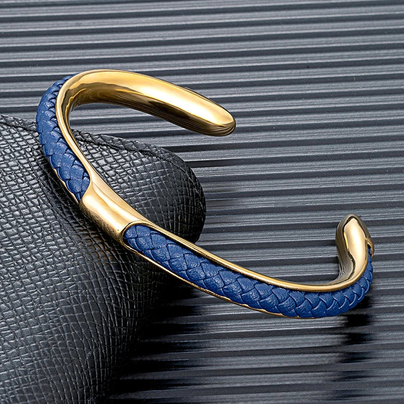 Cuff Bracelet Mens Braided Leather Stainless Steel