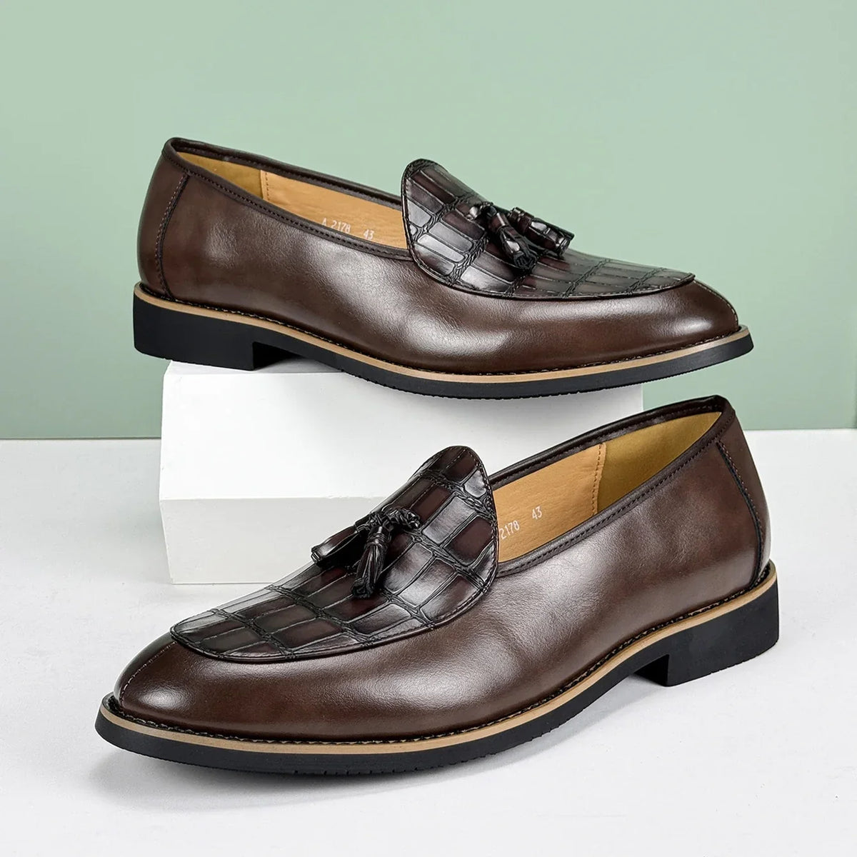 Croc Embossed Leather Tassel Loafers for Men