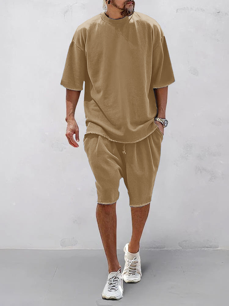 Men's Cotton Loose-Fit Tee & Shorts Set in Khaki