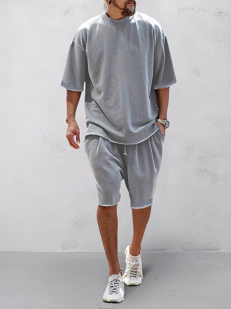 Men's Cotton Loose-Fit Tee & Shorts Set in Light Gray
