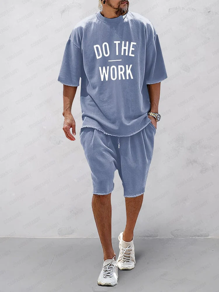 Men's Cotton Loose-Fit Tee & Shorts Set in Blue Print