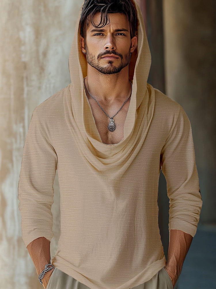 Men's Draped Cowl Hooded Long Sleeve Top in Apricot