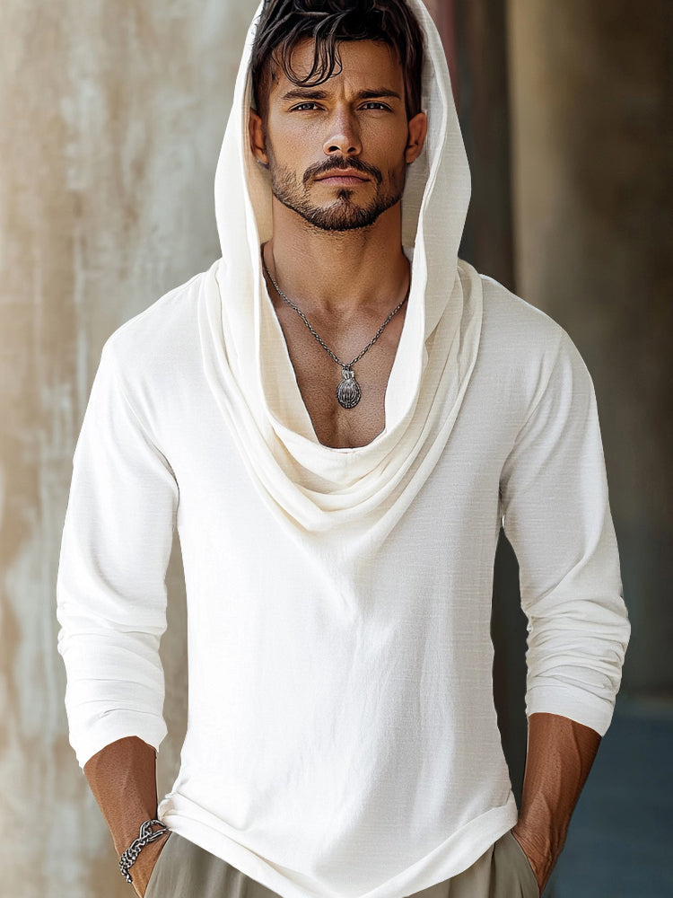 Men's Draped Cowl Hooded Long Sleeve Top