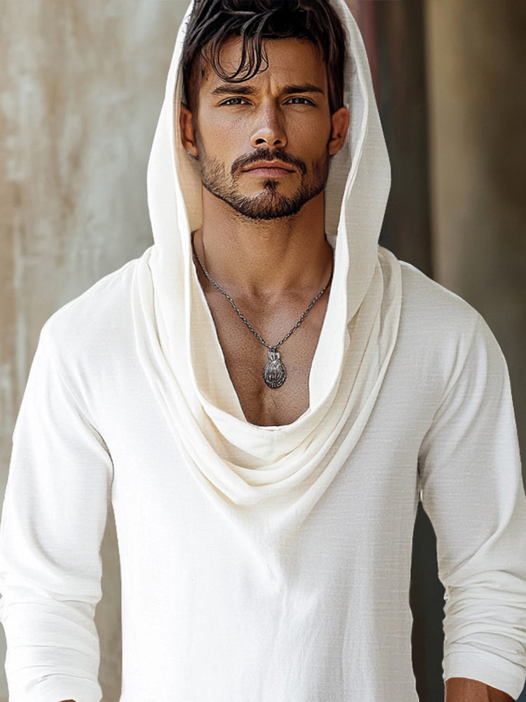 Men's Draped Cowl Hooded Long Sleeve Top