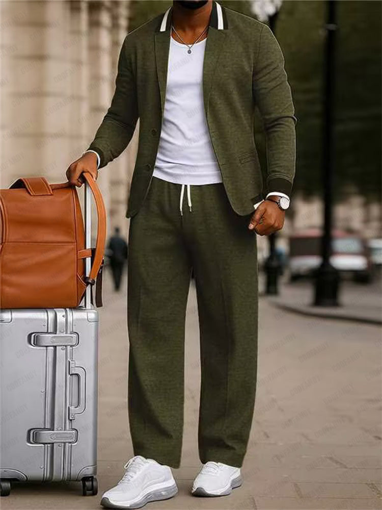 Men's Contrast Collar Blazer & Pants Set in Army Green
