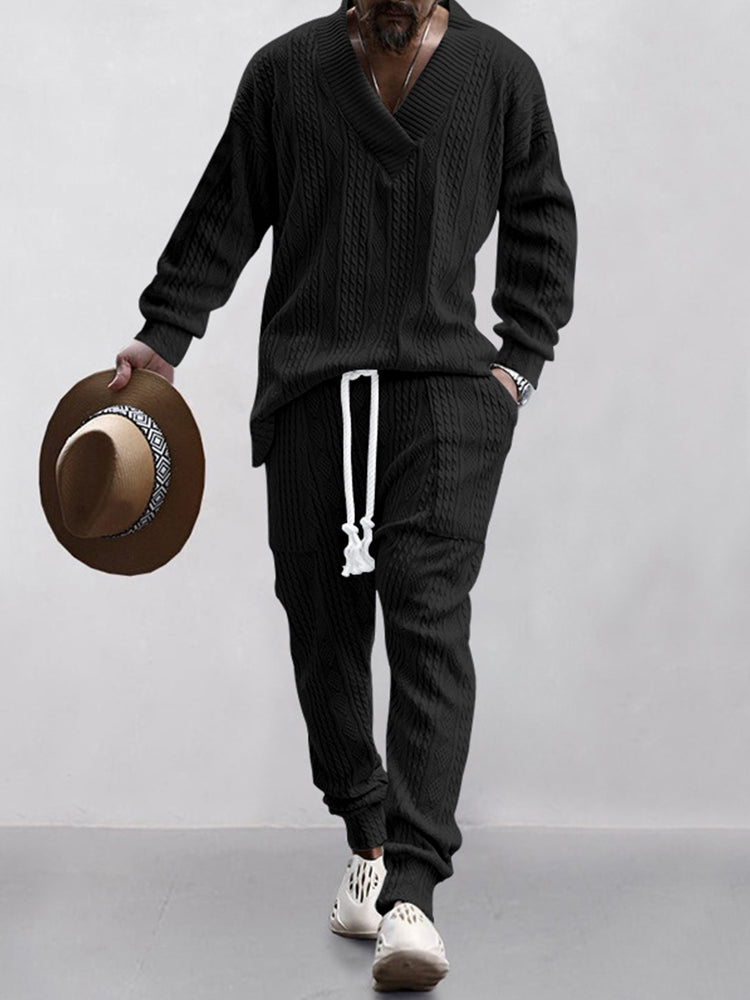 Men's Cable Jacquard V-Neck Lounge Set in Black